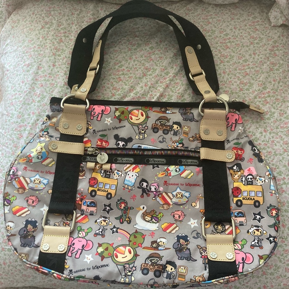 Lesportsac and Tokidoki Black and Gray Shoulder Bag with Cartoon Print